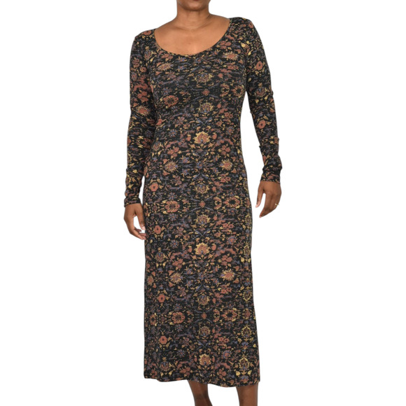 Peruvian Connection Dynasty Floral Dress Black Jersey Scoop Long Sleeves Midi XS - Picture 1 of 16